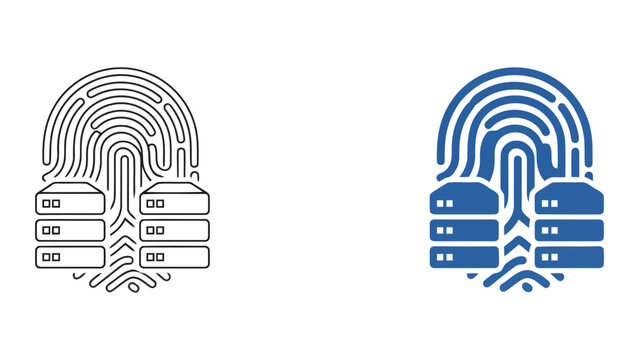 Data center server rack and human biometric fingerprint vector icon set representing secure cloud infrastructure and digital identity management for enterprise technology and cyber safety concepts
