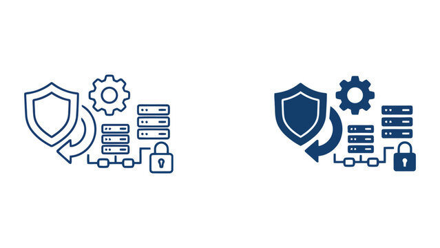 Cyber security shield protecting server database and cloud infrastructure icon set showing digital data defense and network encryption concepts in flat vector graphic style on white background