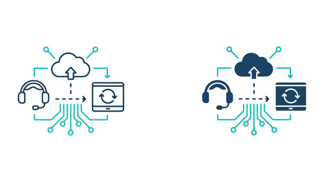 Cloud data synchronization and user support service icons with headset and circuit nodes in dual line art and professional blue design styles for IT helpdesk and remote server management