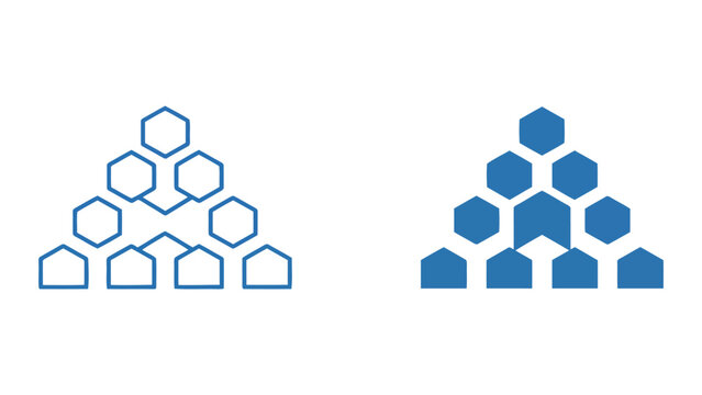 Hexagonal hierarchy structure icon set in blue line and solid design representing organizational levels and networking patterns for business management and systems engineering visual diagrams