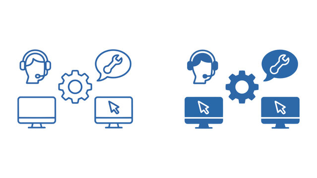 IT help desk and remote technical support service icon set featuring headset operator and diagnostic tools in blue outline and solid styles for customer service interface design