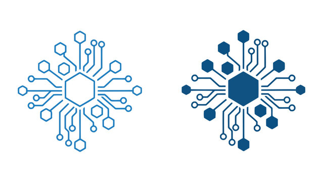 Centralized network hub icon set featuring hexagonal nodes and integrated circuit pathways for digital infrastructure and connectivity concepts as clean line art and blue solid vector graphics