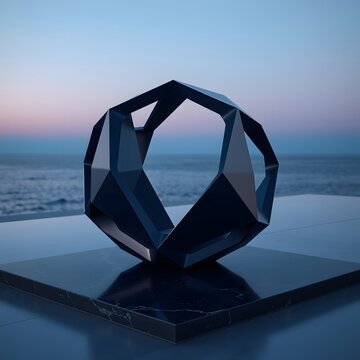 Modern abstract interlocking ring sculpture at twilight overlooking calm sea horizon