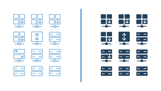 Server cluster data storage management icon set illustrating server load balancing and cloud infrastructure operations for enterprise IT solutions in professional vector graphic design style