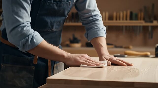 Woodworker Polishing Wooden Table in Workshop with Tools Background