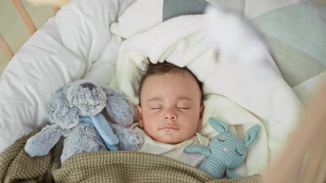Baby boy sleeping in a cradle with plush bunny and blanket, face and closed eyes visible in a building; serenity comfort.