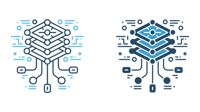 Abstract data processing and computing architecture isometric vector icons with layered circuit board nodes and digital information flow lines for modern technology and software development interfaces