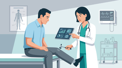 Fototapeta premium Doctor examining patient's knee reflex with neurological hammer. Medical consultation.