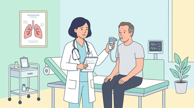 Doctor examining patient with digital thermometer in clinic - illustration