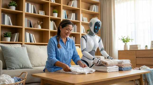 Homemaker and Humanoid Robot Folding Laundry Together at Home