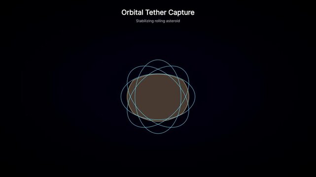 Orbital tether capture: futuristic asteroid stabilization and space mining technology animation