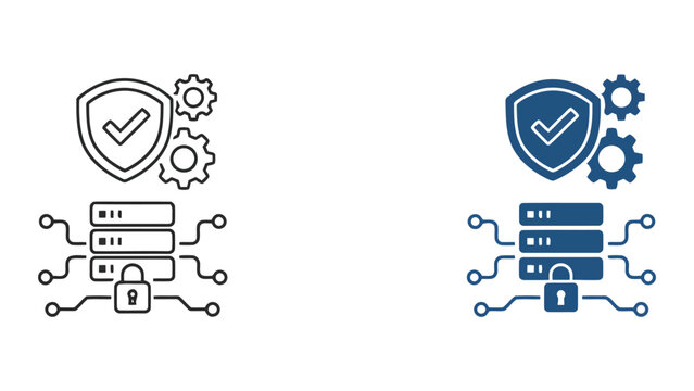 Cybersecurity and server protection concept with shield and gear icons representing system security protocols and data integrity management for modern IT business infrastructure and software
