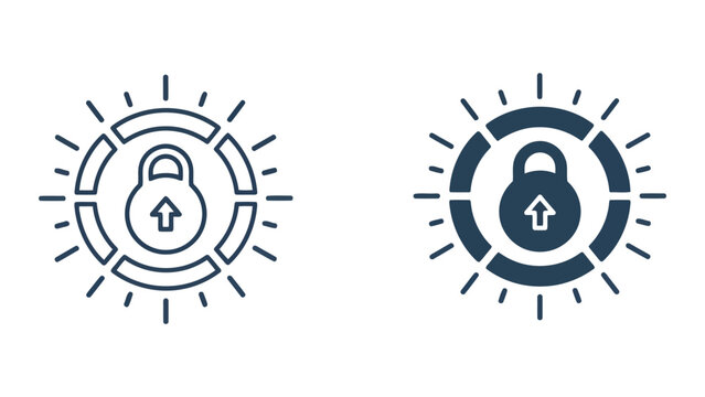 Secure data upload icon set featuring a padlock with an upward arrow inside a radial loading ring representing encrypted file transfers and safe cloud storage operations in vector design