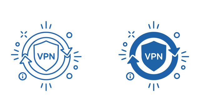 Virtual private network VPN icon set featuring a shield symbol inside a rotating circular arrow frame representing secure internet browsing and data privacy in modern web design elements