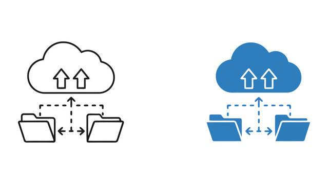 Cloud file transfer icon set featuring folders syncing with a cloud storage system representing data backup and remote server synchronization for business cloud infrastructure in vector style