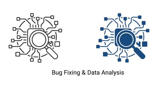 Bug fixing and data analysis icon set featuring a magnifying glass over an electronic circuit board representing diagnostics and quality assurance in software engineering in vector design