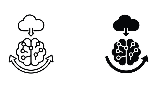Cloud computing brain network icon set featuring artificial intelligence nodes and data synchronization pathways for digital technology and machine learning concepts in line and solid vector styles