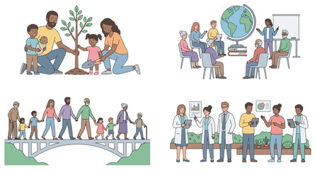 Fototapeta premium World population day vector illustration set. Diverse community planting tree, global education meeting, generation family on bridge and medical doctor teamwork.