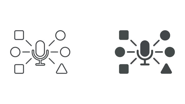 Audio content distribution and podcast network icons showing microphone nodes and categorical branching in minimalist line and solid styles for media platform and content creation dashboards