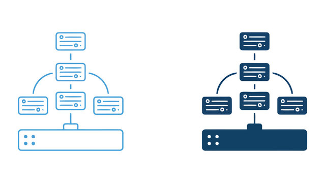 Database hierarchy and structured information storage icons featuring server units and data nodes in clean outline and filled solid styles for technical database management software interfaces