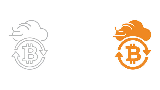 Bitcoin cloud mining and cryptocurrency exchange icons featuring wind cloud symbol and circular rotation for financial technology and digital currency market concepts in vector style