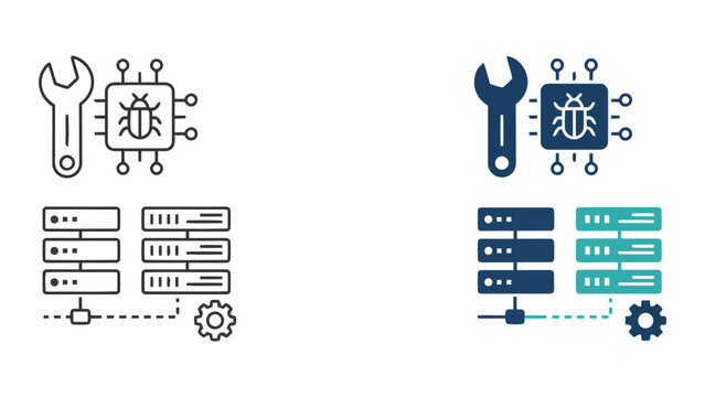 Bug fixing and server maintenance icons in linear and solid styles for software development and debugging processes representing technical support and troubleshooting for complex computing systems