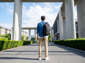 Fototapeta premium Back View of Man with Backpack Walking Towards Modern Concrete Building Campus on Sunny Day