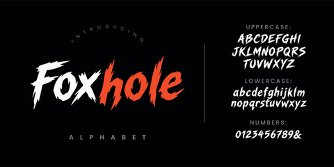 Obraz premium Foxhole Spiky brush painted font with fierce distressed strokes for extreme sports and heavy metal