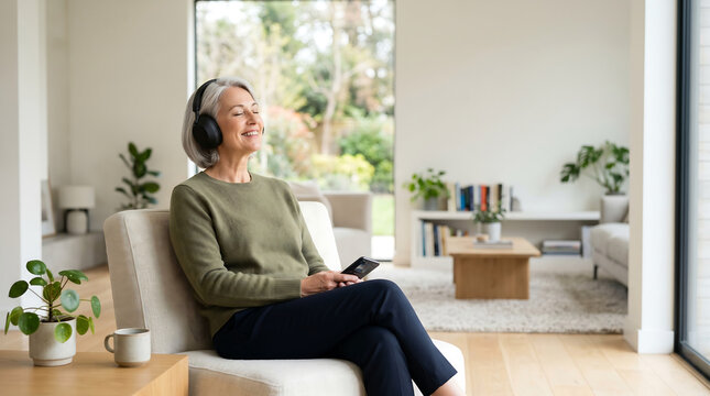 Happy senior woman with grey hair listening to music in a modern home