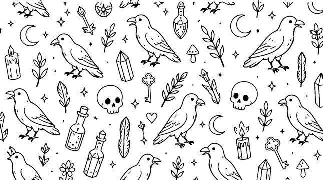 Mystical ravens and occult symbols pattern design.