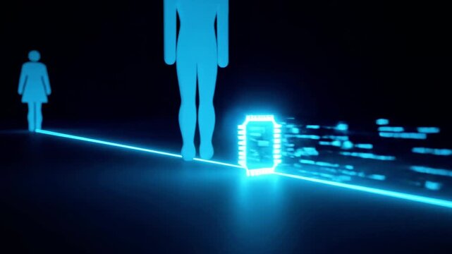 A futuristic illustration of two human figures connected by glowing blue lines on a dark background