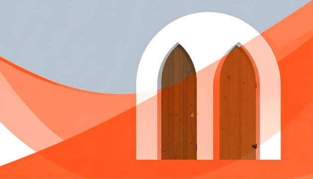 Abstract orange and white architectural 3D arched doorway.