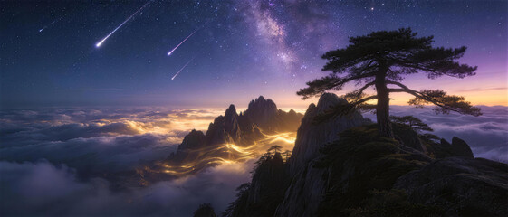 Celestial Symphony: A lone pine tree stands silhouetted against a breathtaking night sky adorned with the Milky Way and streaking meteorites, overlooking a sea of clouds illuminated by distant. © 琛明 周