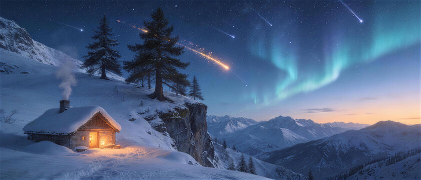 Winter Wonderland Aurora: A cozy cabin glows with warm light nestled in a snowy mountain landscape under the breathtaking spectacle of the aurora borealis and a meteor shower.
