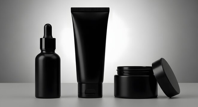 Premium cosmetic packaging containers arranged for product display featuring a dropper bottle a tube and a jar for beauty formulations and skincare treatments presented professionally with