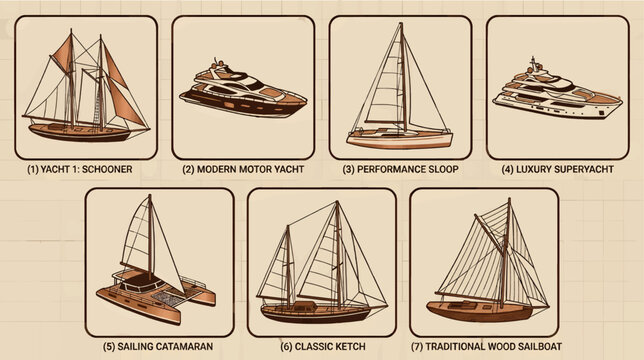 Collection of Seven Flat SVG Vector Illustrations of Different Yachts and Sailboats, Including Schooner, Motor Yacht, Sloop, Superyacht, Catamaran, Ketch, and Traditional Wood Sailboat Designs