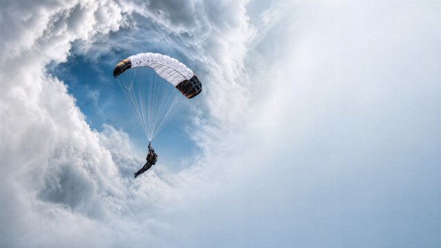 Skydiver in a Clouds Tunnel: A lone skydiver descends through a dramatic vortex of white clouds, suspended between the vast blue sky and a turbulent atmosphere, embracing the thrill of freefall.