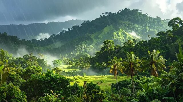 Lush tropical rainforest landscape under heavy monsoon rain with misty mountains