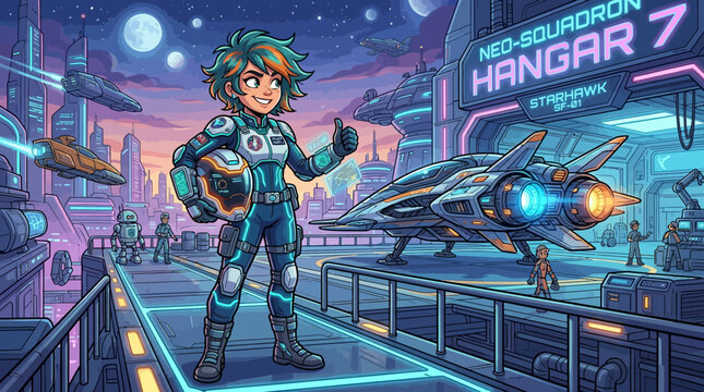 Futuristic spaceship and astronaut in a city street with graffiti art fashion music rock dancing people woman boy and soldier in vibrant cartoon illustration style