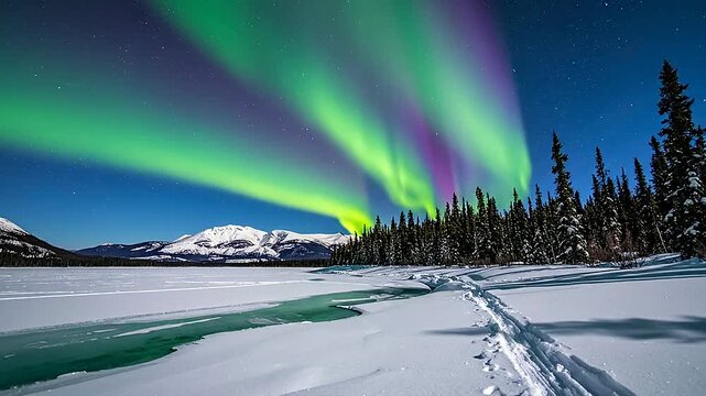 Vibrant aurora borealis dancing over a winter lake and snowy mountains