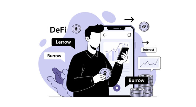 Decentralized Finance Concept with Man Holding Cryptocurrency.