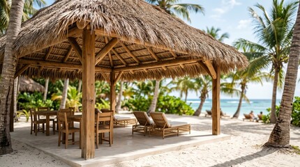 Fototapeta premium Tropical beach hut with lounge chairs and palm trees
