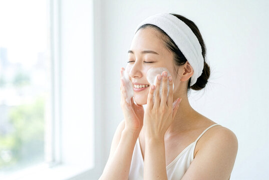 朝の泡洗顔を笑みを浮かべて行う20代後半〜30代前半の日本人女性｜敏感肌ケアをイメージした女性のスキンケアルーティン
