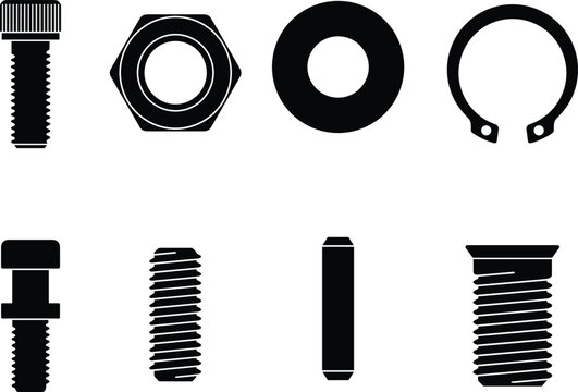 Black Silhouette Set of Bolts Nuts Washers Retaining Rings and Fastener Hardware Icons