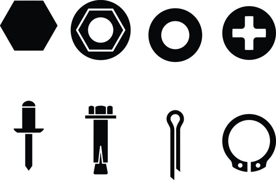 Black Silhouette Set of Industrial Fasteners Hardware Components and Mechanical Fixing Icons