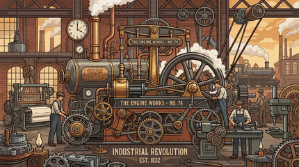 Vintage iron antique sewing machine and old steam locomotive details with rusty steel, bronze and gold architectural gate and fence design patterns © Rizky