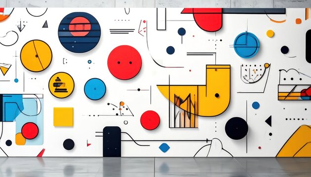 Abstract wall mural with colorful geometric shapes and lines.