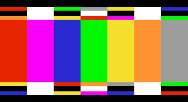 Abstract broadcast television test pattern featuring colorful vertical bars and signal calibration elements on a black background. Illustration Vector