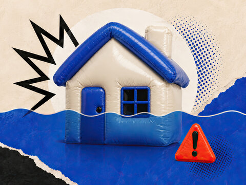 Flood warning concept: inflatable home partially underwater, symbolizing property damage and global warming