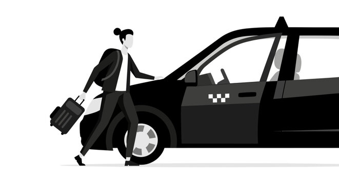 Woman with suitcase entering a black taxi cab for transportation.